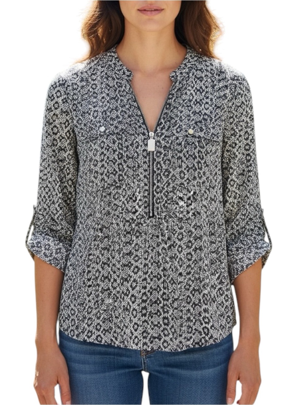 Michael Kors Sz MEDIUM Black White Snake Print Zip-Front Signature Blouse Top